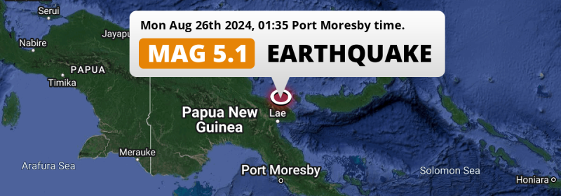 Significant M5.1 Earthquake struck on Monday Night in the Bismarck Sea 100km from Lae (Papua New Guinea).