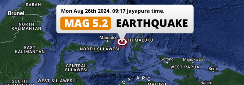 On Monday Morning a Significant M5.2 Earthquake struck in the Maluku Sea 176km from Manado (Indonesia).