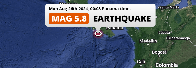 Shallow M5.8 Earthquake struck on Monday Night in the North Pacific Ocean 113km from David (Panama).