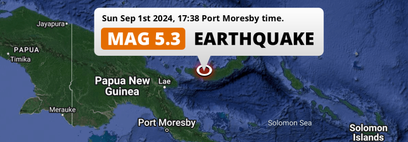 Significant M5.3 Earthquake struck on Sunday Afternoon near Kimbe in Papua New Guinea.