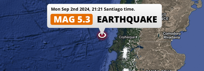 On Monday Evening a Shallow M5.3 Earthquake struck in the South Pacific Ocean 297km from Puerto Aysén (Chile).