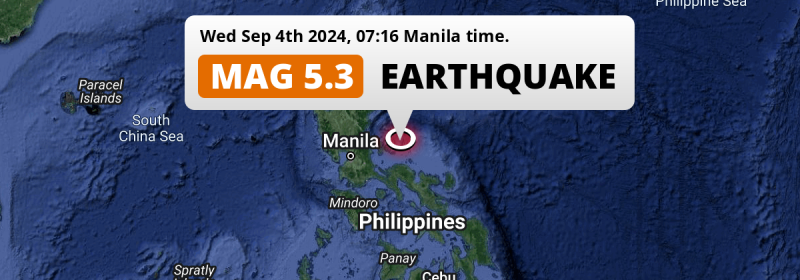 On Wednesday Morning a Shallow M5.3 Earthquake struck in the Philippine Sea near Daet (The Philippines).