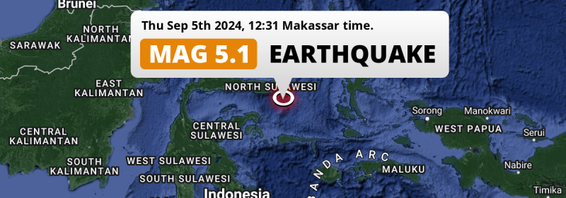 On Thursday Afternoon a Significant M5.1 Earthquake struck in the Maluku Sea 188km from Manado (Indonesia).