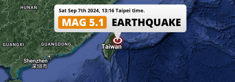 Shallow M5.1 Earthquake struck on Saturday Afternoon in the Philippine Sea near Hualien City (Taiwan).