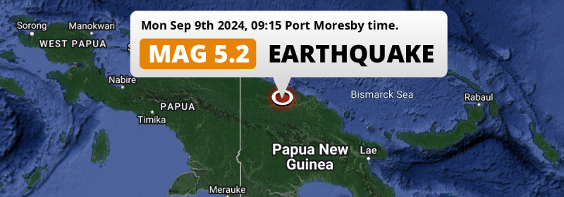 Significant M5.2 Earthquake struck on Monday Morning 100km from Wewak in Papua New Guinea.