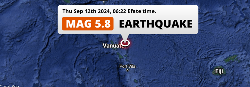 On Thursday Morning a Shallow M5.8 Earthquake struck in the Coral Sea 277km from Port-Vila (Vanuatu).