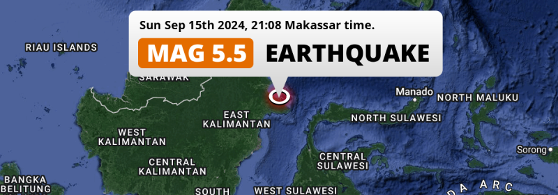 Shallow M5.5 Earthquake struck on Sunday Evening 172km from Bontang in Indonesia.