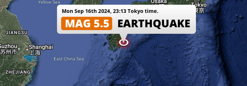 Shallow M5.5 Earthquake struck on Monday Evening in the Philippine Sea near Miyazaki (Japan).