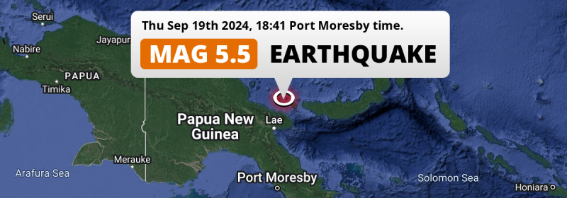 Significant M5.5 Earthquake struck on Thursday Evening in the Bismarck Sea 138km from Lae (Papua New Guinea).