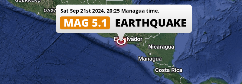 Significant M5.1 Earthquake hit in the North Pacific Ocean near San Salvador (El Salvador) on Saturday Evening.