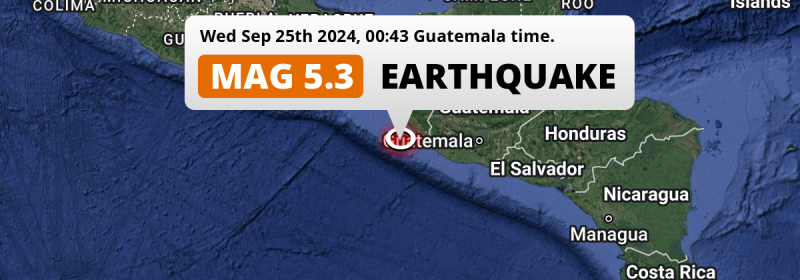 On Wednesday Night a Shallow M5.3 Earthquake struck in the North Pacific Ocean 108km from Tapachula (Mexico).