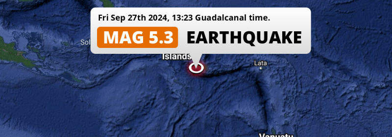 On Friday Afternoon a Shallow M5.3 Earthquake struck in the Solomon Sea 238km from Honiara (Solomon Islands).