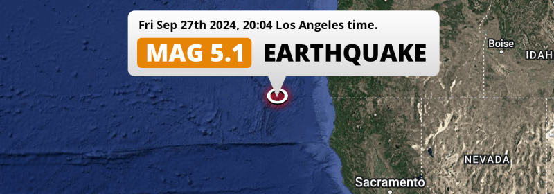 Shallow M5.1 Earthquake struck on Friday Evening in the North Pacific Ocean 157mi from Eureka (The United States).