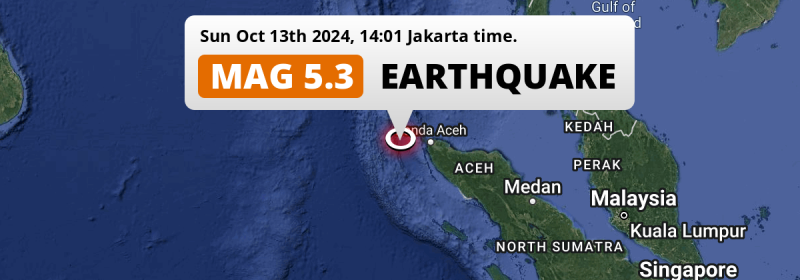 On Sunday Afternoon a Significant M5.3 Earthquake struck in the Indian Ocean 115km from Banda Aceh (Indonesia).