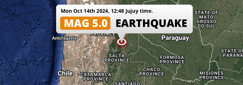 On Monday Afternoon a Shallow M5.0 Earthquake struck near Libertador General San Martín in Argentina.