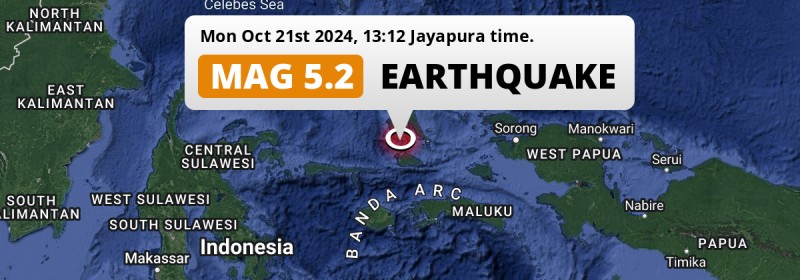 Shallow M5.2 AFTERSHOCK hit in the Maluku Sea 300km from Ambon (Indonesia) on Monday Afternoon.