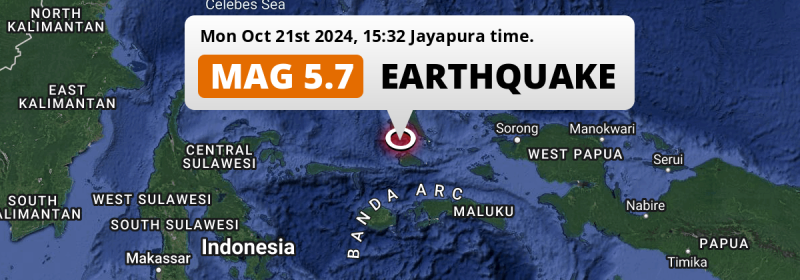 On Monday Afternoon a Shallow M5.7 Earthquake struck in the Maluku Sea 210km from Ternate (Indonesia).