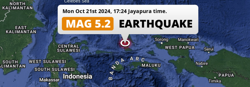 Shallow M5.2 AFTERSHOCK hit in the Maluku Sea 295km from Ambon (Indonesia) on Monday Afternoon.