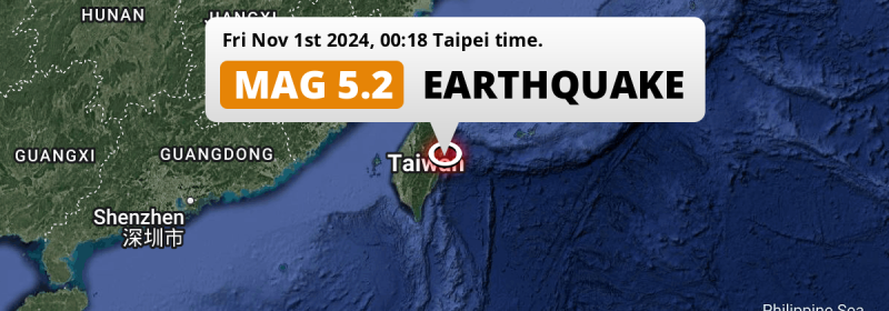 On Friday Night a Shallow M5.2 Earthquake struck in the Philippine Sea near Hualien City (Taiwan).