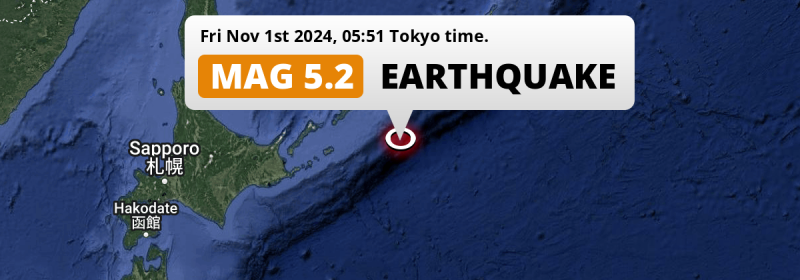 Shallow M5.2 Earthquake struck on Friday Night in the North Pacific Ocean 292km from Nemuro (Japan).