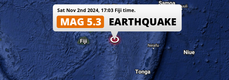 Significant M5.3 Earthquake hit in the South Pacific Ocean 286km from Labasa (Fiji) on Saturday Afternoon.