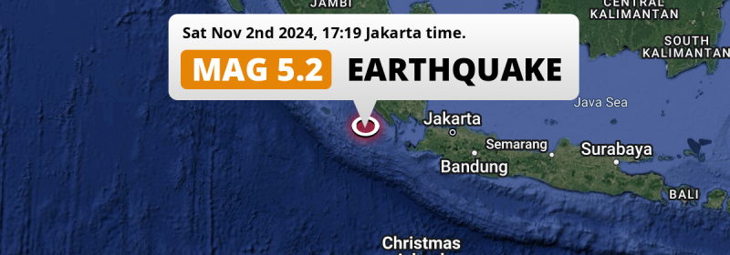 Shallow M5.2 Earthquake struck on Saturday Afternoon in the Indian Ocean 197km from Bandar Lampung (Indonesia).