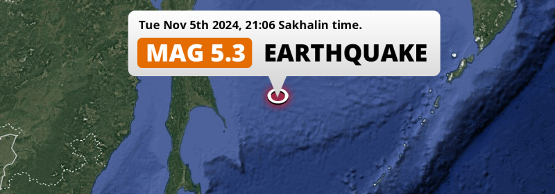 On Tuesday Evening a Significant M5.3 Earthquake struck in the Sea Of Okhotsk 296km from Poronaysk (Russia).