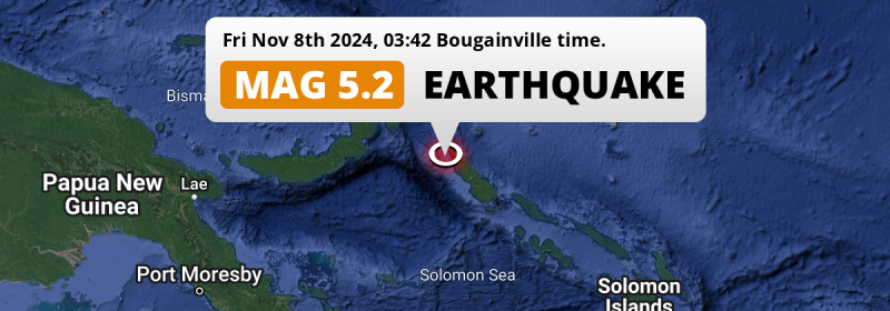 Significant M5.2 Earthquake hit in the Solomon Sea 139km from Arawa (Papua New Guinea) on Friday Night.