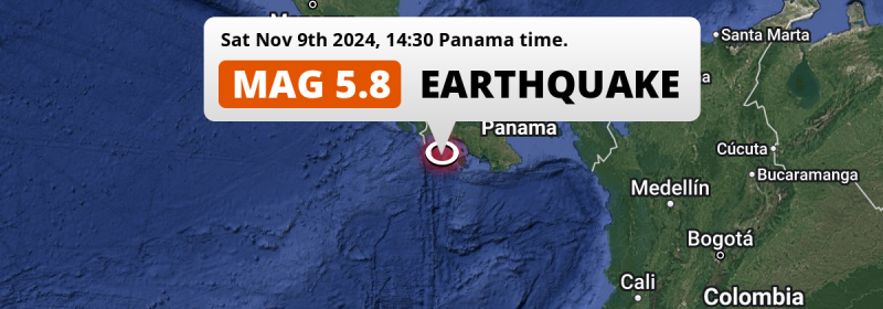 Shallow M5.8 Earthquake struck on Saturday Afternoon in the North Pacific Ocean 104km from David (Panama).