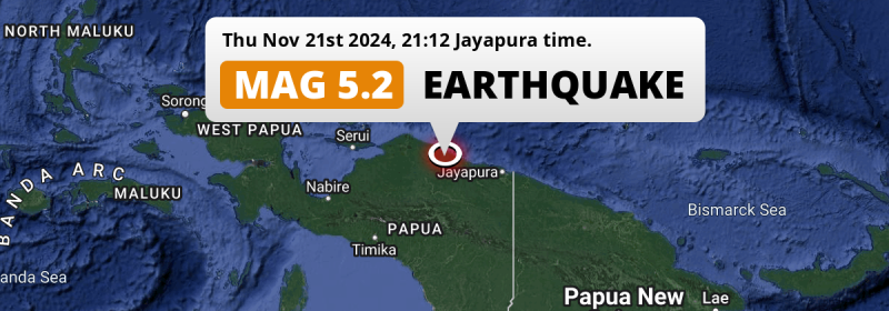 Significant M5.2 Earthquake struck on Thursday Evening 194km from Jayapura in Indonesia.