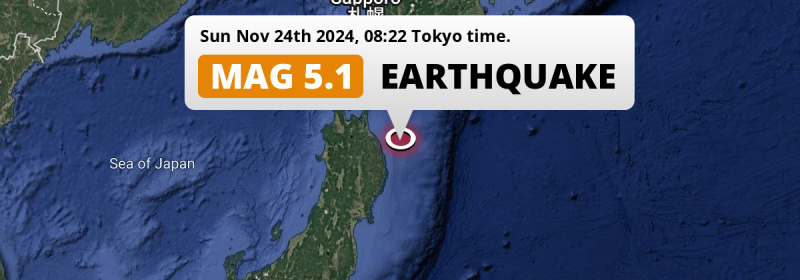 Significant M5.1 Earthquake struck on Sunday Morning in the North Pacific Ocean near Hachinohe (Japan).