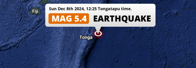 Shallow M5.4 Earthquake hit in the South Pacific Ocean 169km from Nuku‘alofa (Tonga) on Sunday Afternoon.