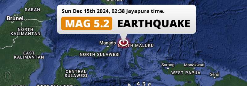 On Sunday Night a Significant M5.2 Earthquake struck in the Maluku Sea 189km from Manado (Indonesia).