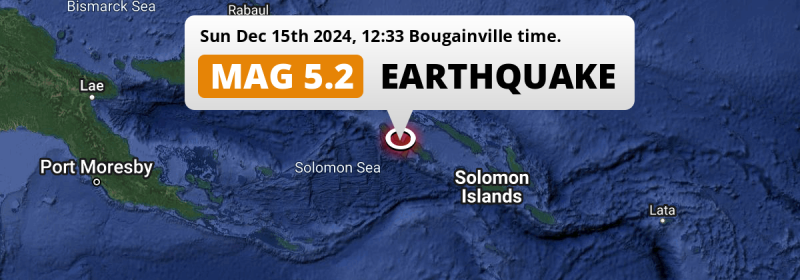 On Sunday Afternoon a Shallow M5.2 Earthquake struck in the Solomon Sea 295km from Arawa (Papua New Guinea).