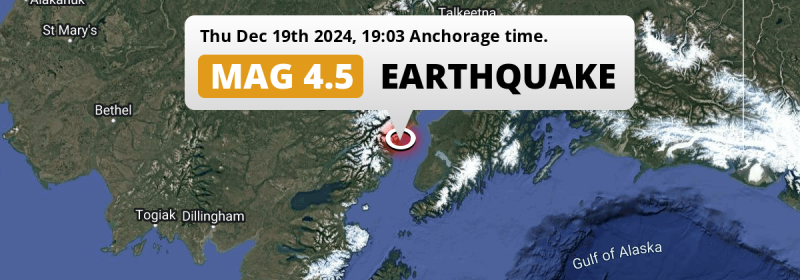 On Thursday Evening an  M4.5 Earthquake struck in the Gulf Of Alaska 100mi from Anchorage (The United States).