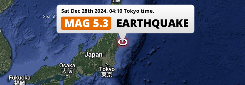 On Saturday Night a Significant M5.3 Earthquake struck in the North Pacific Ocean near Iwaki (Japan).