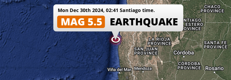 On Monday Night a Shallow M5.5 AFTERSHOCK struck in the South Pacific Ocean near Coquimbo (Chile).