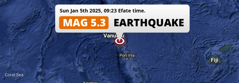 Significant M5.3 Earthquake struck on Sunday Morning in the Coral Sea 201km from Port-Vila (Vanuatu).