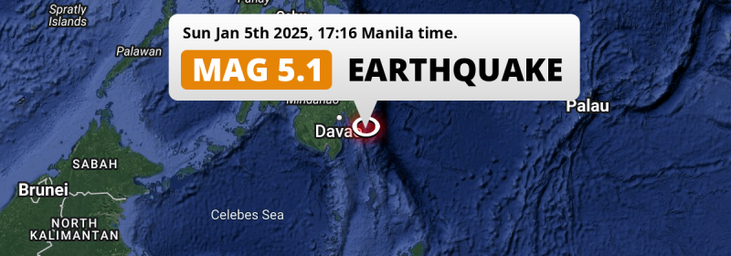 Significant M5.1 Earthquake hit in the Philippine Sea near Mati (The Philippines) on Sunday Afternoon.