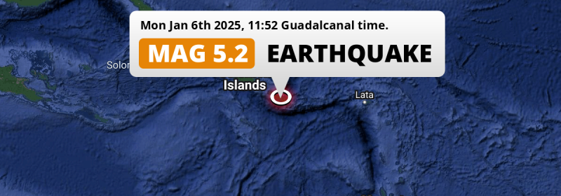 On Monday Morning a Significant M5.2 Earthquake struck 256km from Honiara in Solomon Islands.