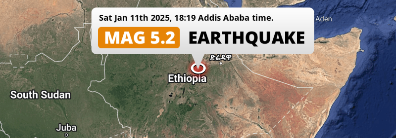 Shallow M5.2 AFTERSHOCK hit near Gelemso in Ethiopia on Saturday Evening.