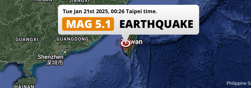 Shallow M5.1 AFTERSHOCK hit near Yujing in Taiwan on Tuesday Night.