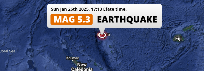 On Sunday Afternoon a Significant M5.3 Earthquake struck in the Coral Sea near Port-Vila (Vanuatu).