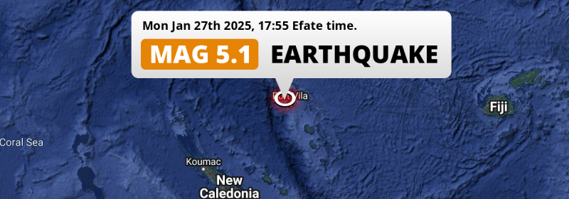 Significant M5.1 AFTERSHOCK hit in the Coral Sea near Port-Vila (Vanuatu) on Monday Afternoon.