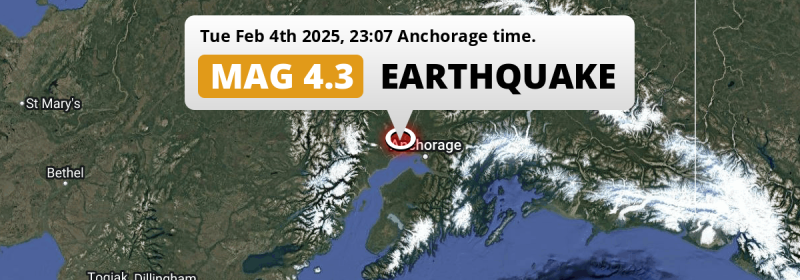 Shallow M4.3 Earthquake hit near Anchorage in The United States on Tuesday Evening.