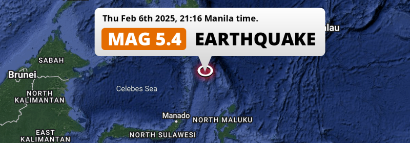 Significant M5.4 Earthquake struck on Thursday Evening in the Philippine Sea 249km from General Santos (The Philippines).