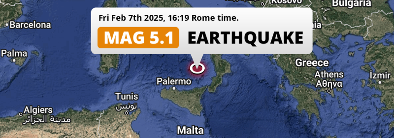 Significant M5.1 Earthquake struck on Friday Afternoon in the Tirreno Sea 164km from Palermo (Italy).