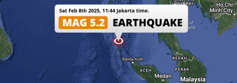 Significant M5.2 Earthquake struck on Saturday Morning in the Andaman Or Burma Sea 296km from Banda Aceh (Indonesia).