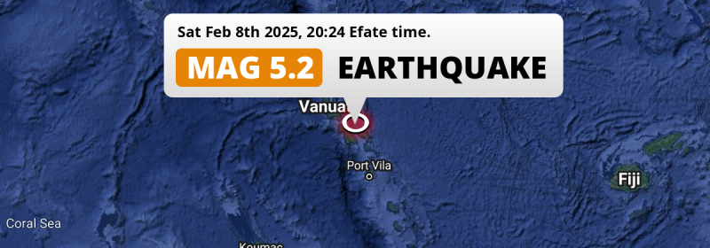 Significant M5.2 Earthquake hit in the Coral Sea 192km from Port-Vila (Vanuatu) on Saturday Evening.