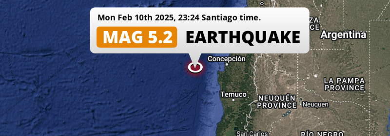 On Monday Evening a Shallow M5.2 Earthquake struck in the South Pacific Ocean 189km from Talcahuano (Chile).